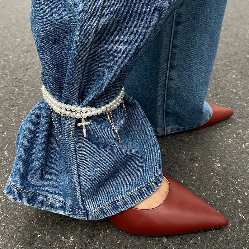 Pearl Cross Tassel Beaded Pants Ankle Chain For Women Foot Chains Jeans Jewelry Trouser Leg Decorative Clothing Accessories