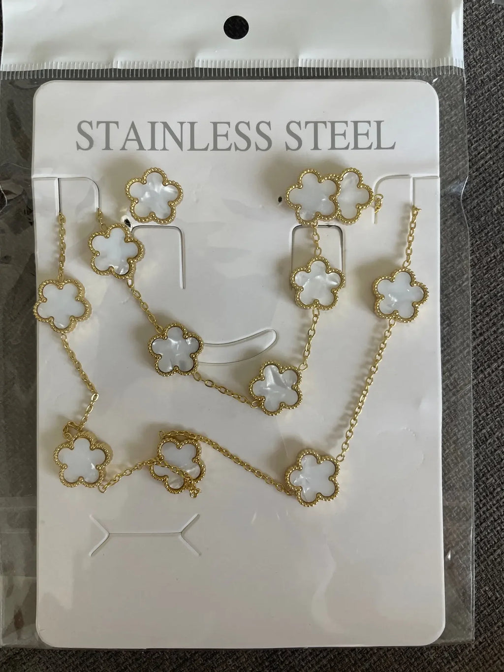 LUXUKISSKIDS Fashion Flower Necklace Earrings Set Jewelry Women Stainless Steel White Shell Clover Bracelet Jewelry Accessories