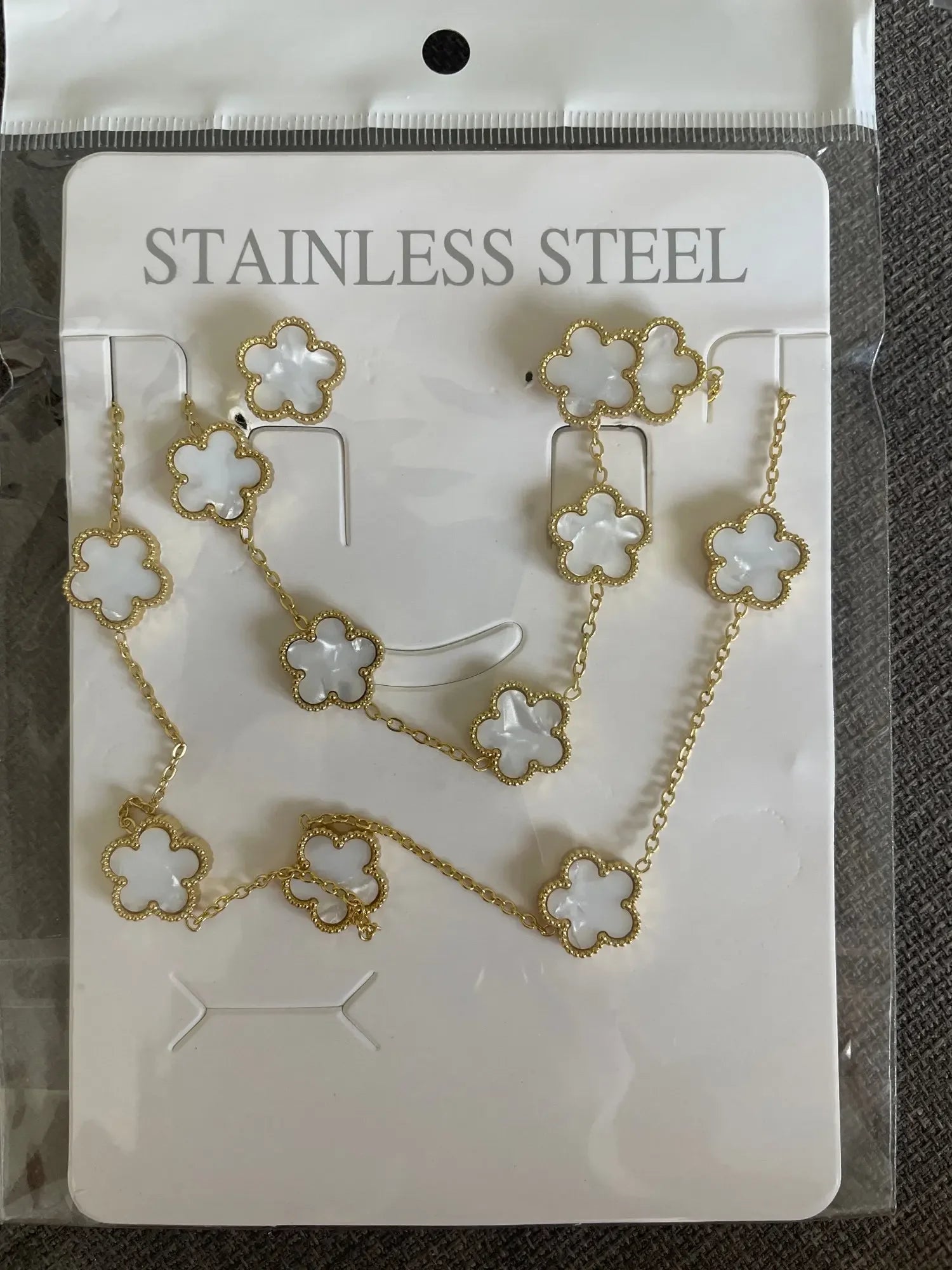 LUXUKISSKIDS Fashion Flower Necklace Earrings Set Jewelry Women Stainless Steel White Shell Clover Bracelet Jewelry Accessories