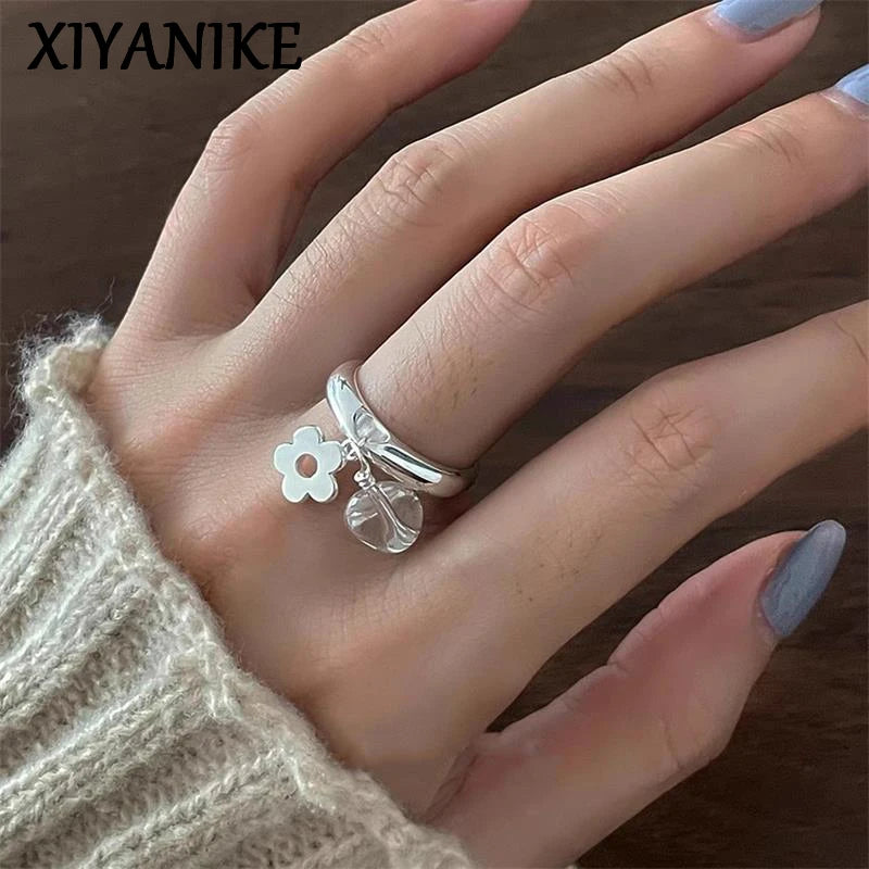 XIYANIKE Fashion Crystal Flower Clear Droplet Open Rings For Women Girl New Year Jewelry Accessories Gift Party Anillos Mujer