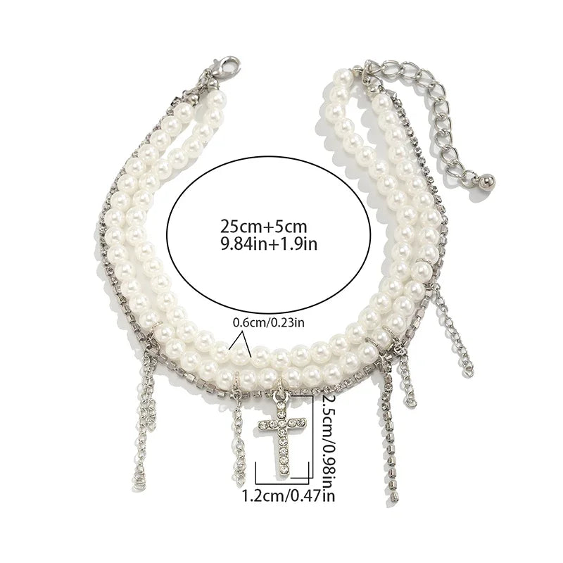 Pearl Cross Tassel Beaded Pants Ankle Chain For Women Foot Chains Jeans Jewelry Trouser Leg Decorative Clothing Accessories