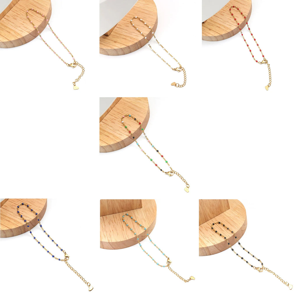 Fashion Colorful Enamel Beads Anklet Gold Color Stainless Steel Chain Anklet Bracelet For Women Summer Beach Foot Jewelry 23cm