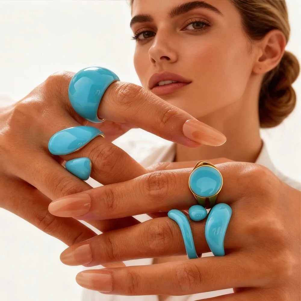 Chunky Open Twist Stackable Rings for Women, Blue Geometric Bold Enamel Crossover Statement Ring Band Waterproof