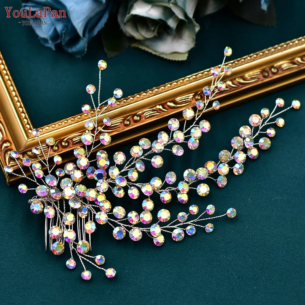 YouLaPan AB Rhinestone Bridal Hair Comb Wedding Hair Accessories Handmade Bride Head Piece Woman Headdress for Party HP590