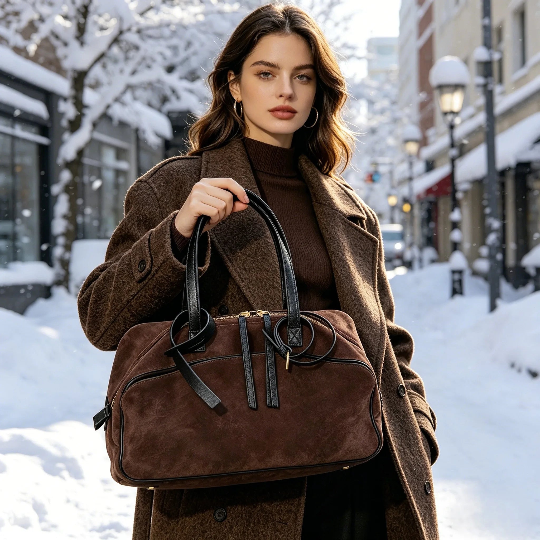 Autumn Winter Women's Cow Genuine Leather Tote Bag Suede Commuting Cowhide Handbags Large Capacity Designer Luxury Velvet Bags