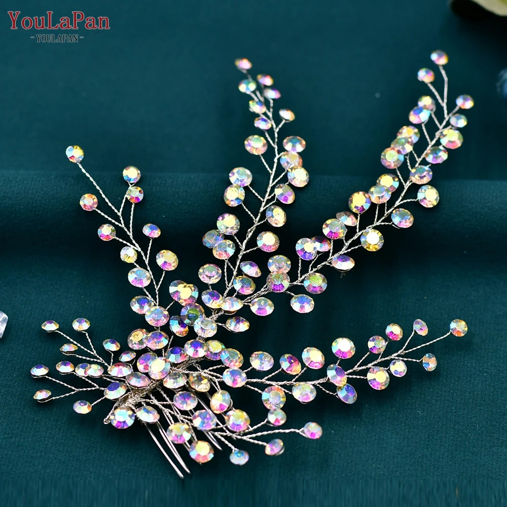 YouLaPan AB Rhinestone Bridal Hair Comb Wedding Hair Accessories Handmade Bride Head Piece Woman Headdress for Party HP590