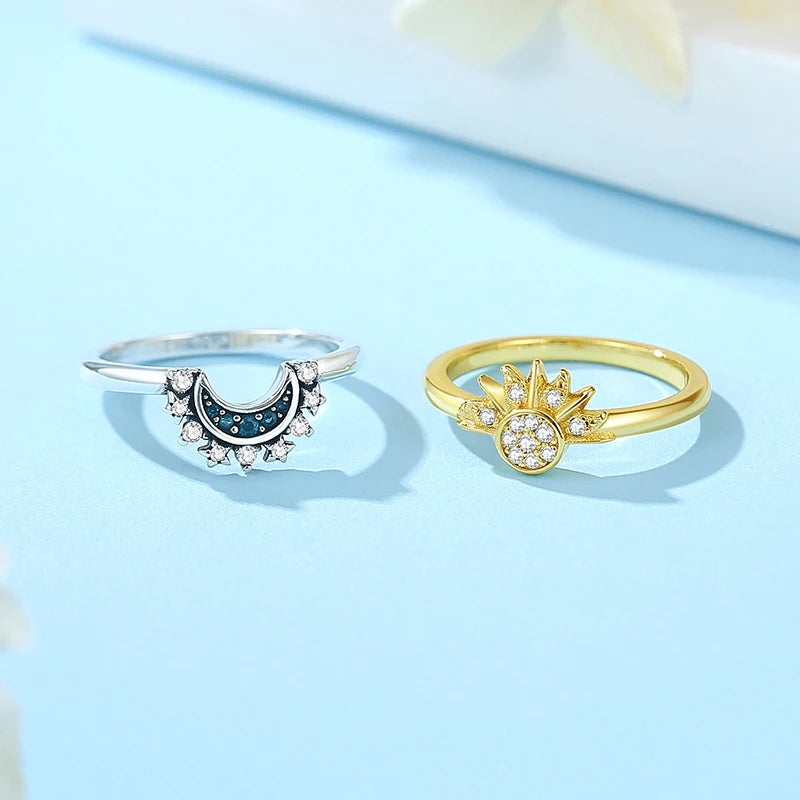 Original 925 Sterling Silver Ring Love Heart Wishbone Moon Sun Rings Crystal Rose Gold For Women Wedding Gift Luxury Jewelry