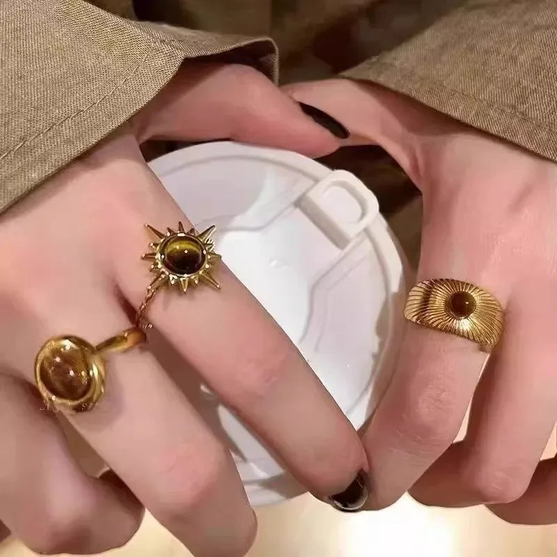 Retro Brown Stone Rings for Women Girls Sun Irregular Gold Color Aesthetic Rings Opening Adjustable Ring Fashion Jewelry Gifts
