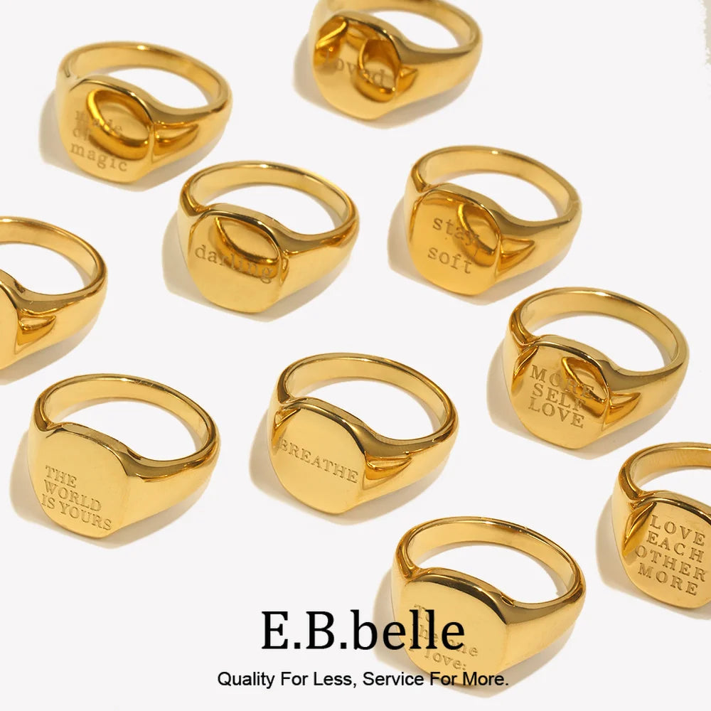 E.B.belle Engrave Jewelry Gift Minimalist Letter Word Suqare Stainless Steel Ring Water Resistant Gold Ring Plated For Women