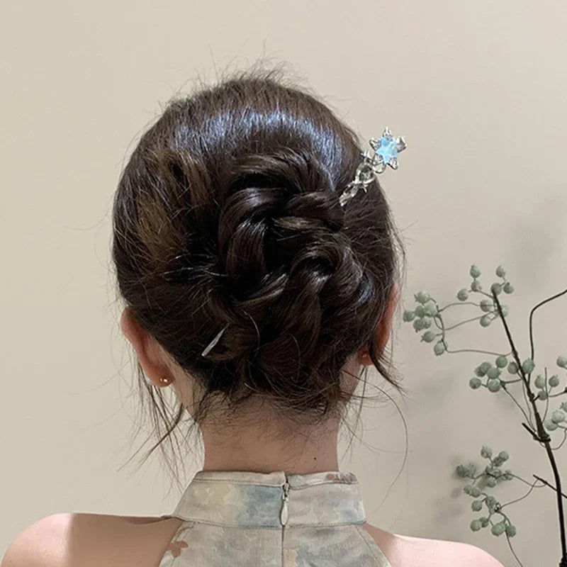Romantic Moonstone Star Moon Hair Stick Metal Branch Hairpin Fork Chinese Style Hair Accessories for Girls Jewelry