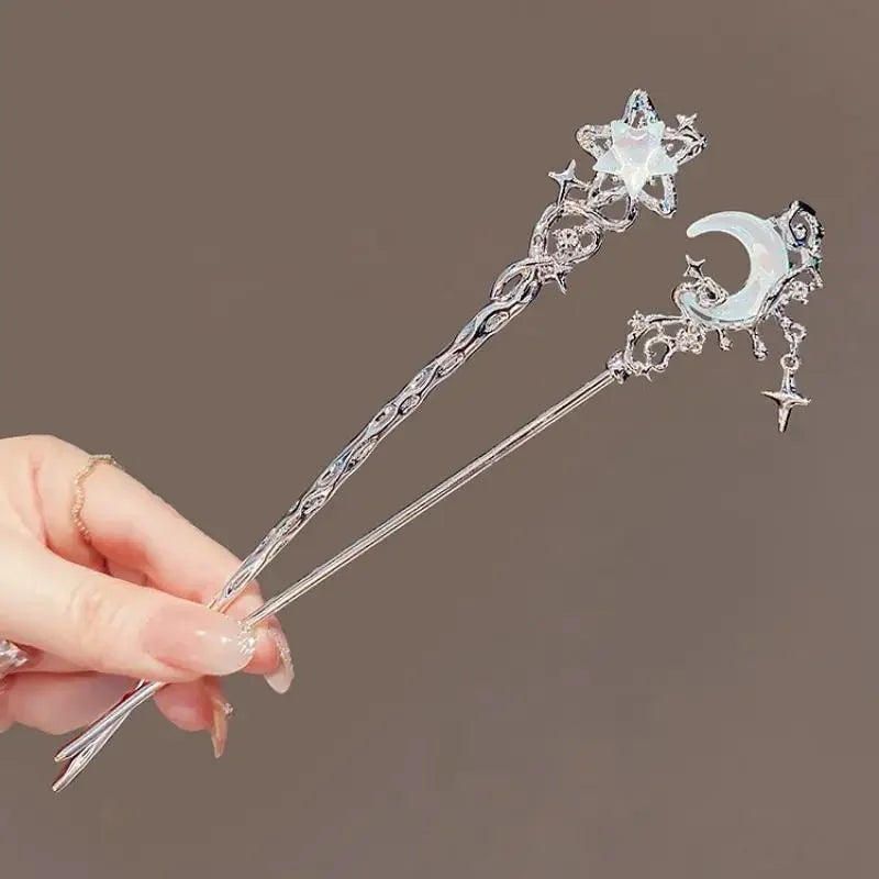 Romantic Moonstone Star Moon Hair Stick Metal Branch Hairpin Fork Chinese Style Hair Accessories for Girls Jewelry