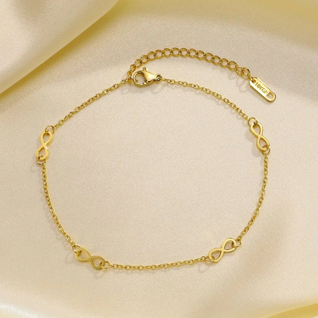Four Infinity 18K Gold Color Plated Waterproof Stainless Steel Dainty Chain Anklets To Girls,Minimalist Jewelry Anklet For Beach