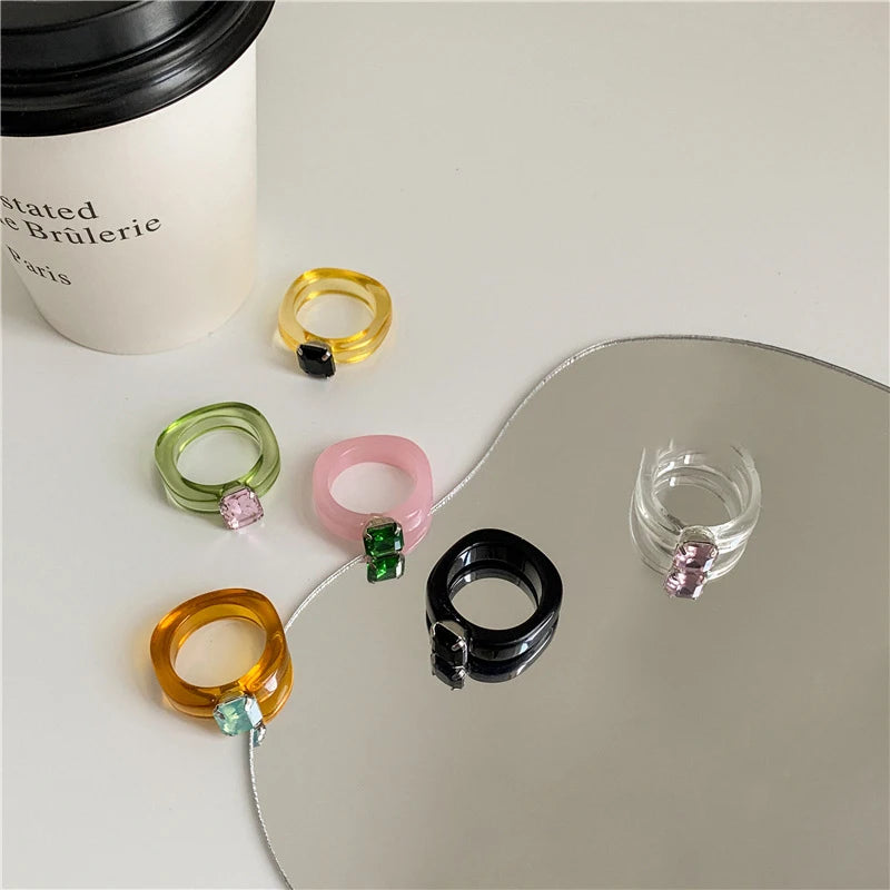 Fashion Luxury Irregular Geometric Transparent Colorful Crystal Rhinestone Zircon Round Ring For Women Shiny Jewelry Accessories