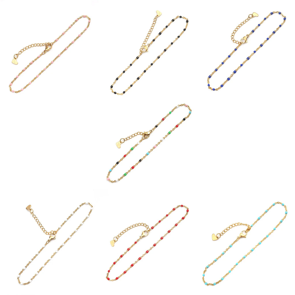 Fashion Colorful Enamel Beads Anklet Gold Color Stainless Steel Chain Anklet Bracelet For Women Summer Beach Foot Jewelry 23cm