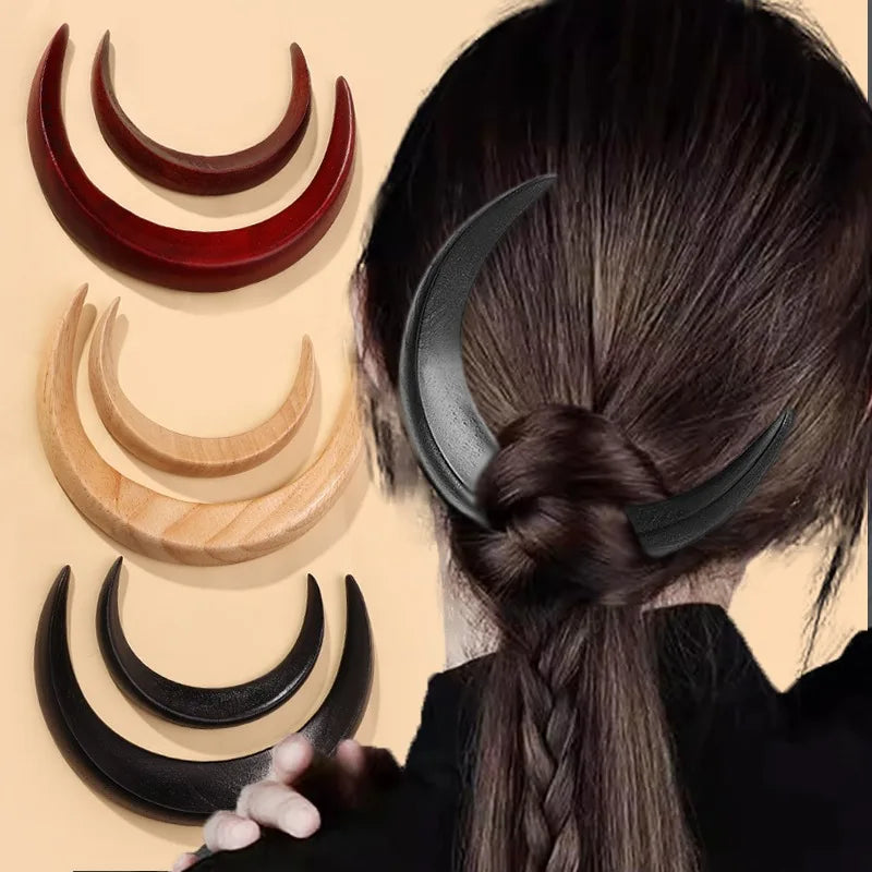 Handmade Wooden Moon Hairpin Crescent Shaped Handcarved Hair Fork Elegant Premium Feel Upper Chord Moon Sandalwood Hair Clip