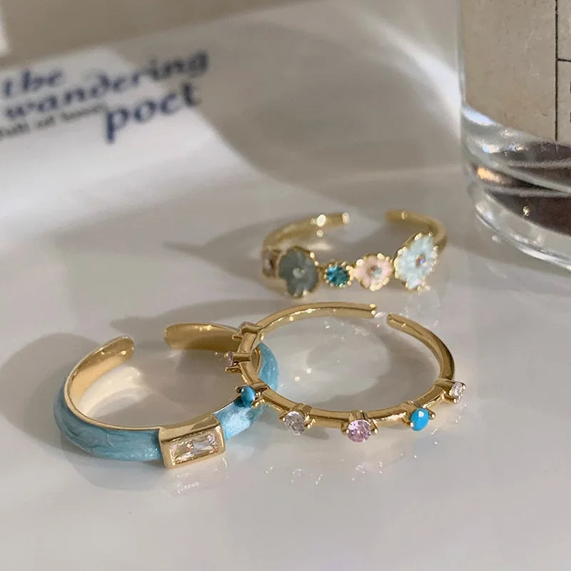 PANJBJ 925 Sterling Silver Golden Flower Rings For Women Drip Glaze Plant Irregular Adjustable Sweet Jewelry Gift Dropshipping