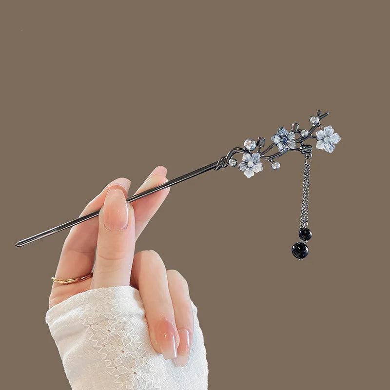 Classic Metal Hair Stick With Ink Flower Chinese Hanfu Hair Accessories Pearl Tassel Hairpin Cheongsam Decor Hair Bun Jewelry