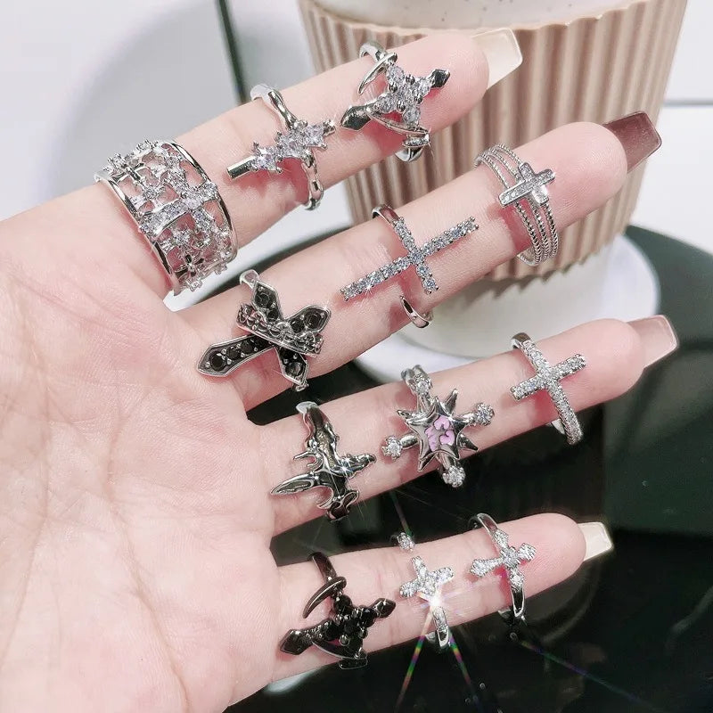 New Fashhhion Punk Dark Vintage Cross Open Rings for Women Luxury Copper Gold-plated High-quality Rings Y2K Style Jewelry Gift