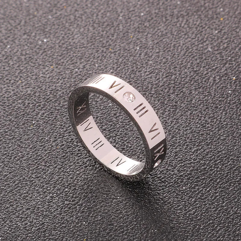One Crystal Rings Fashion Jewelry Hollow Roman Numerals Stainless Steel Personalized Simplicity Accessories Women Rings