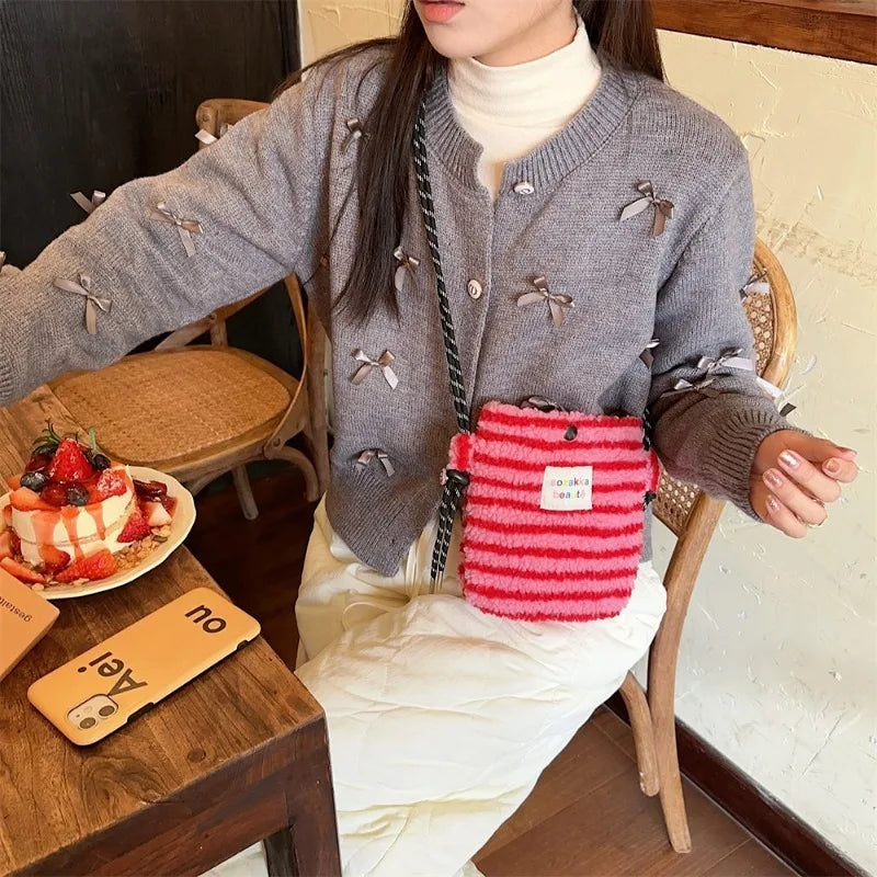 New Fashion Plush Rainbow Polka Dot Cute Little Bag Pink Shoulder Crossbody Bag Women Shopping Storage Bag Portable Phone Pouch