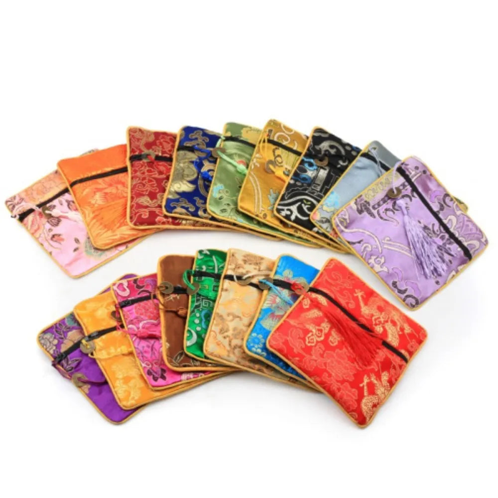 Chinese Brocade Jewelry Bag Handmade Silk Embroidery Tassel Zipper Satin Gift Bag Jewelry Packaging Pouches Coin Purse Wholesale