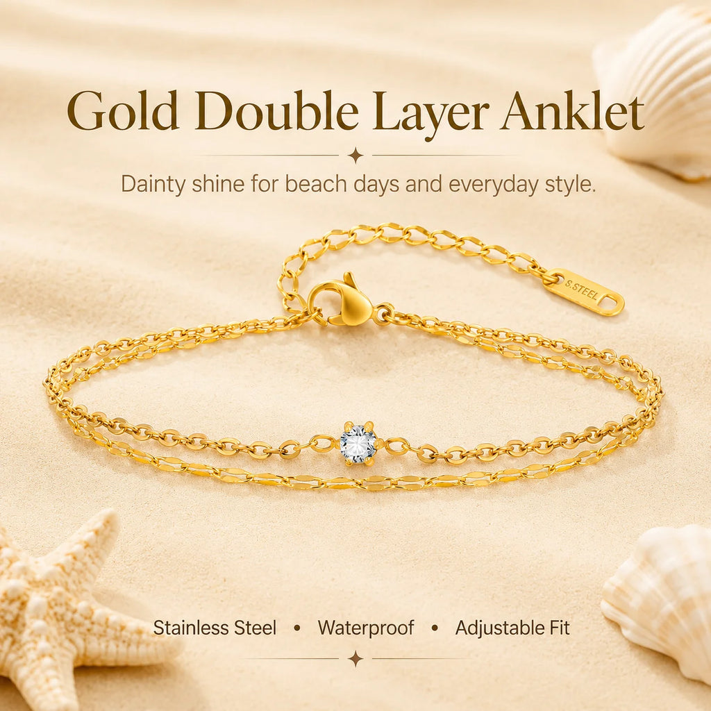 Waterproof Layered Anklet Bracelet for Women, Adjustable Gold Plated with Zirconia Stainless Steel Link Foot Chain Jewelry