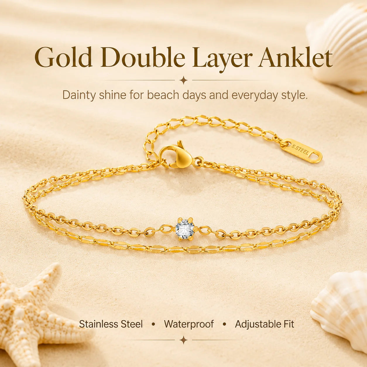 Waterproof Layered Anklet Bracelet for Women, Adjustable Gold Plated with Zirconia Stainless Steel Link Foot Chain Jewelry