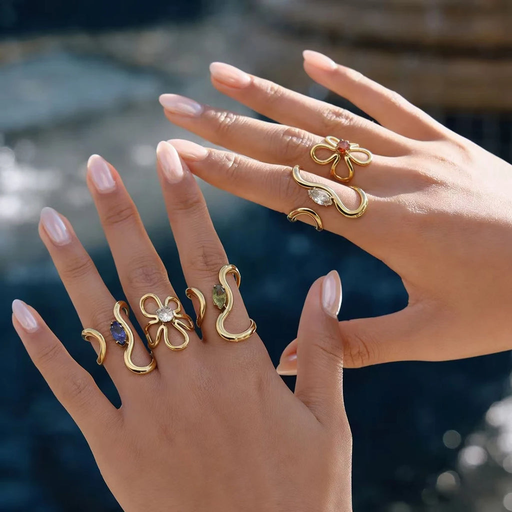 WILD & FREE 18K Gold Plated Stainless Steel Irregular Rings for Women Chic Exquisite Luxury Vintage Crystal Trendy Jewelry