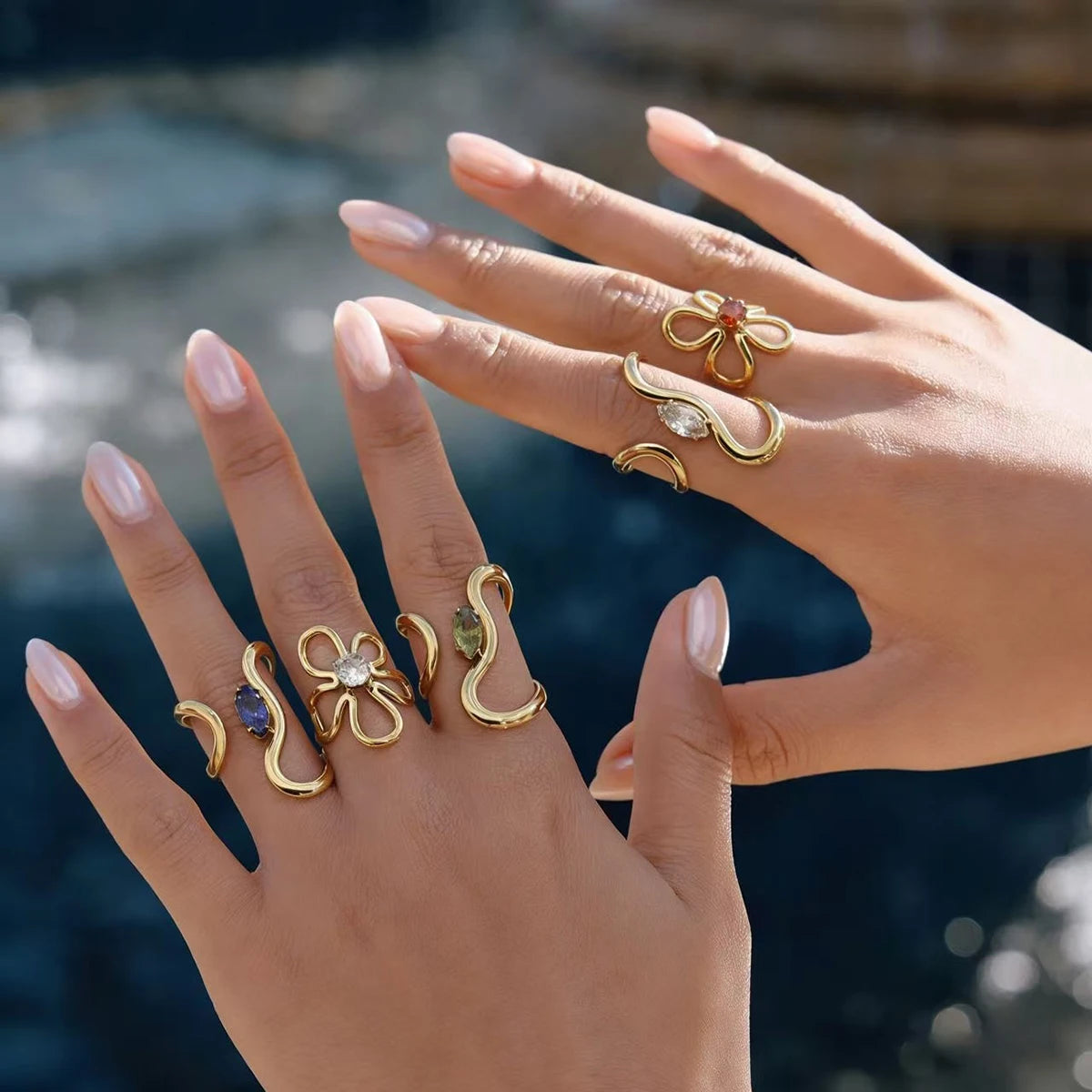 WILD & FREE 18K Gold Plated Stainless Steel Irregular Rings for Women Chic Exquisite Luxury Vintage Crystal Trendy Jewelry