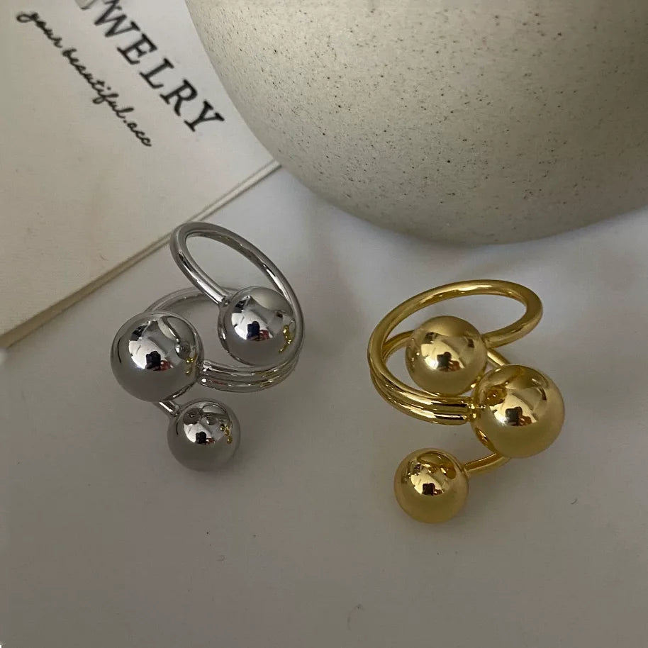 Exaggeration Punk Metal Personality Irregular Three-layer Design Ball-Shape Rings for Women Fashion Simple Adjustable Rings GIft