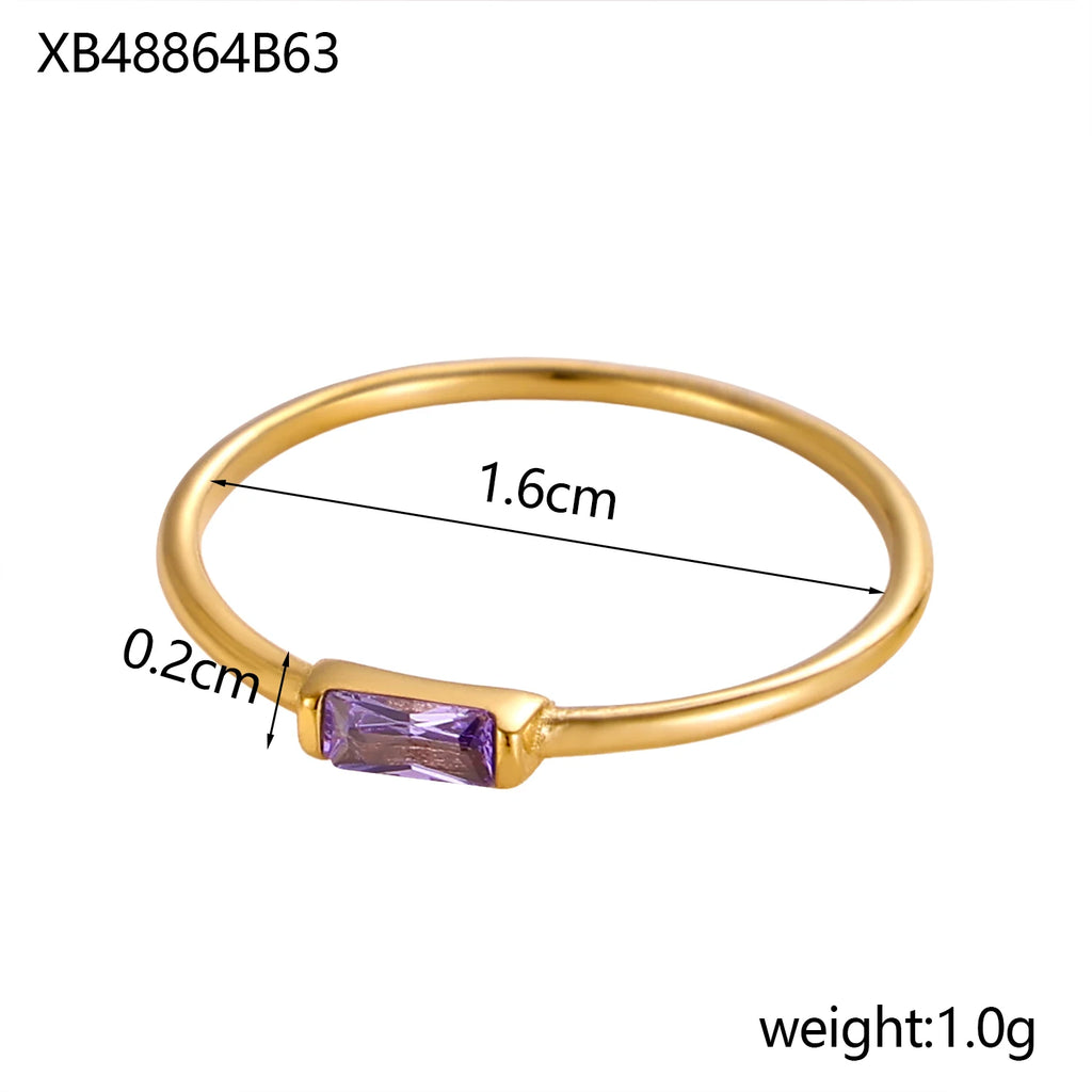 CARLIDANA Mimalist 18K Gold Plated Square Simple Colorful Zircon Stainless Steel 12 Months Birthstone Stackable Ring for Women