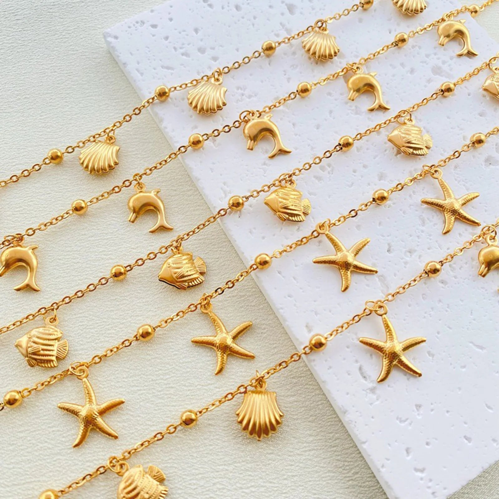 New Stainless Steel Link Cable Chain Anklet Gold Color Marine Animal Dolphin.Starfish For Women Beach 21cm(8 2/8") Long, 1 Piece