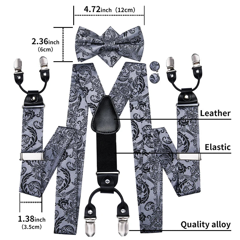 Hi-Tie Vintage Silk Men's Suspender Set Fashion Gold Floral Suspender and Bow Tie Set Leather Metal 6 Clips Suspender Braces