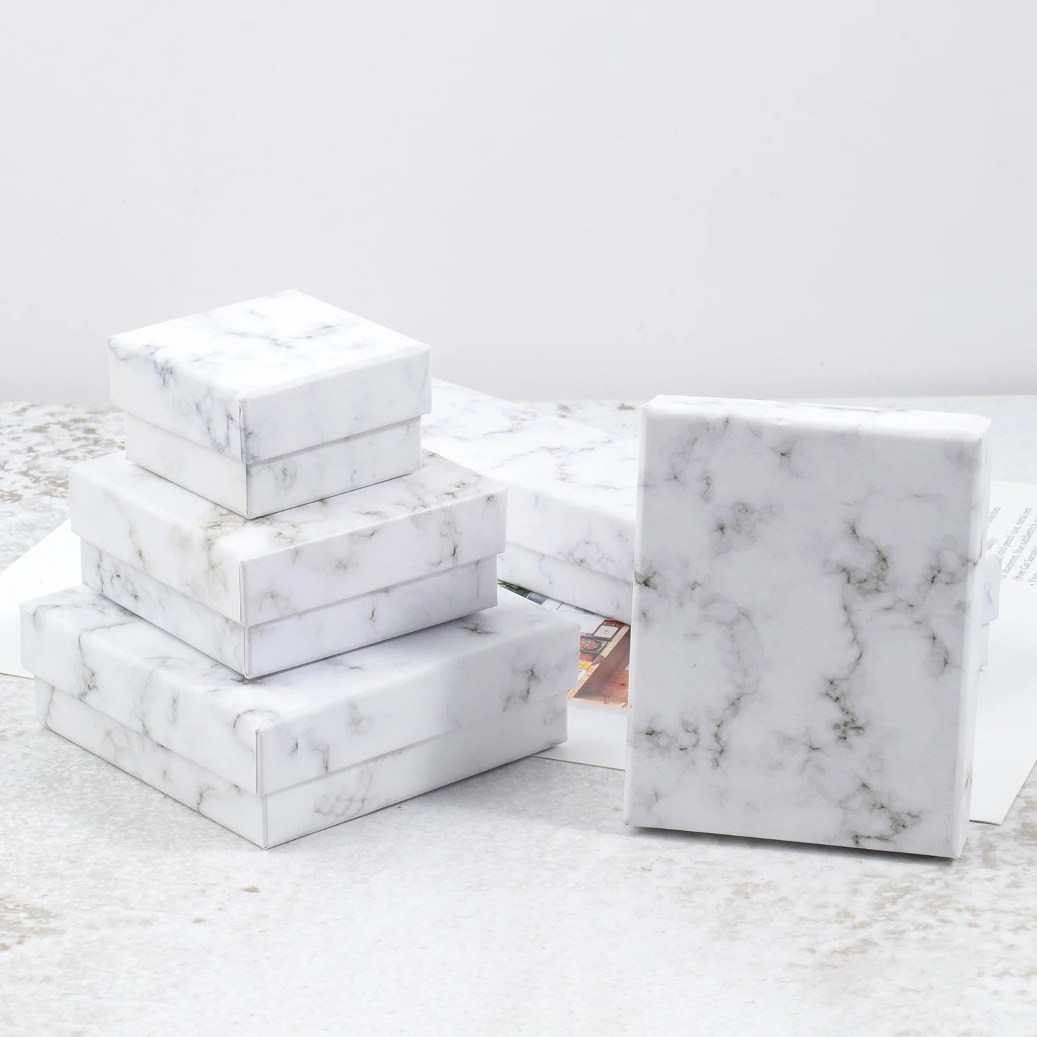 1Pcs Square White Marble Color Cardboard Jewelry Box Necklace Bracelet Earrings Ring Display Gift Box Sponge Protection