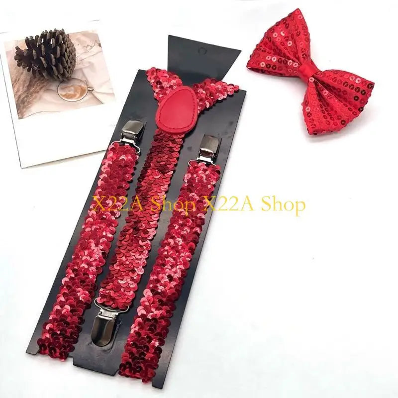 Unique Shining Suspenders Bowtie Set Sequins Brace with Adjustable Straps and Metal Clip for Formal Occasion Stage Show Props