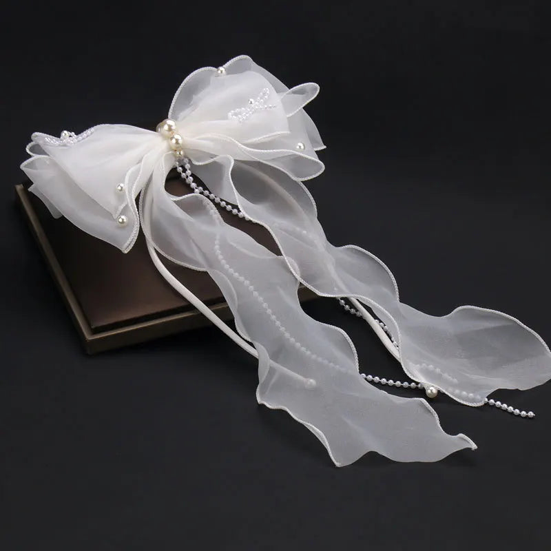Long Ribbon Mesh Bow Women Hair Clips Elegant Pearls HairBands White Mesh Hairpins Wedding Party Bride Hair Accessories