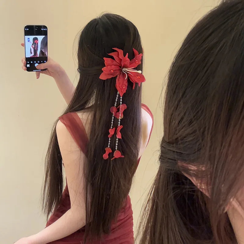 Red Fabric Flower Hair Clips for Women Sweet Petal Long Tassel Barrettes Duckbill Clip Hairpins Summer Holiday Hair Accessories