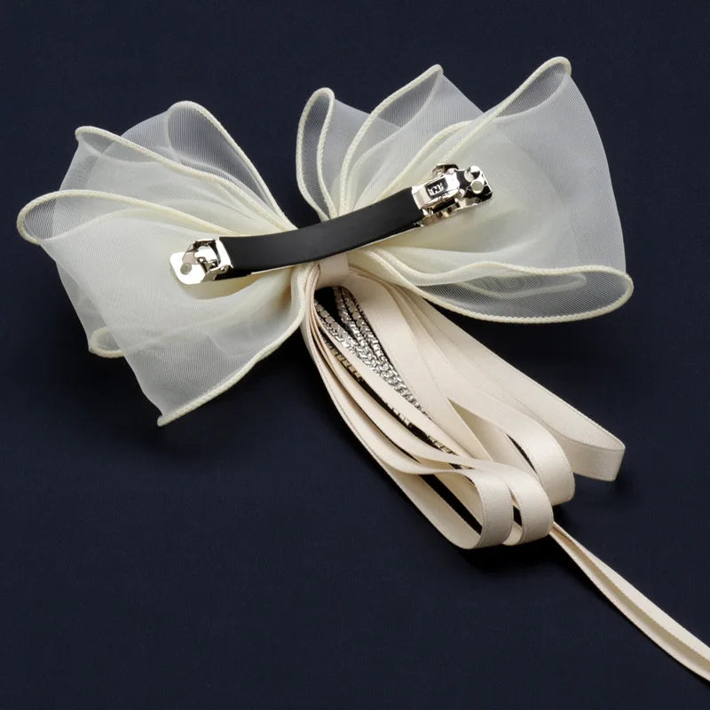 Long Ribbon Mesh Bow Women Hair Clips Elegant Pearls HairBands White Mesh Hairpins Wedding Party Bride Hair Accessories