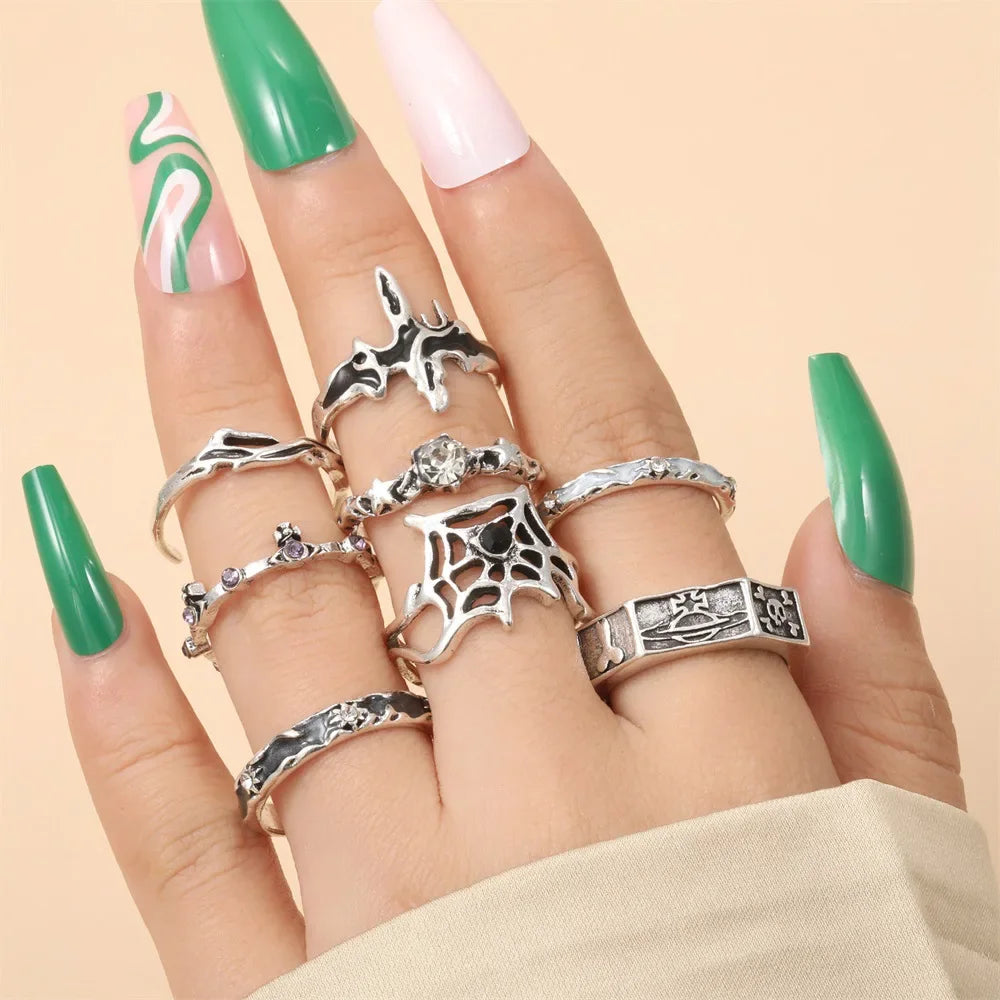 LATS 8pcs Irregular Red Crystal Heart Aesthetic Rings for Women Y2K Gothic Butterfly Spider Ring Creative Jewelry Accessories