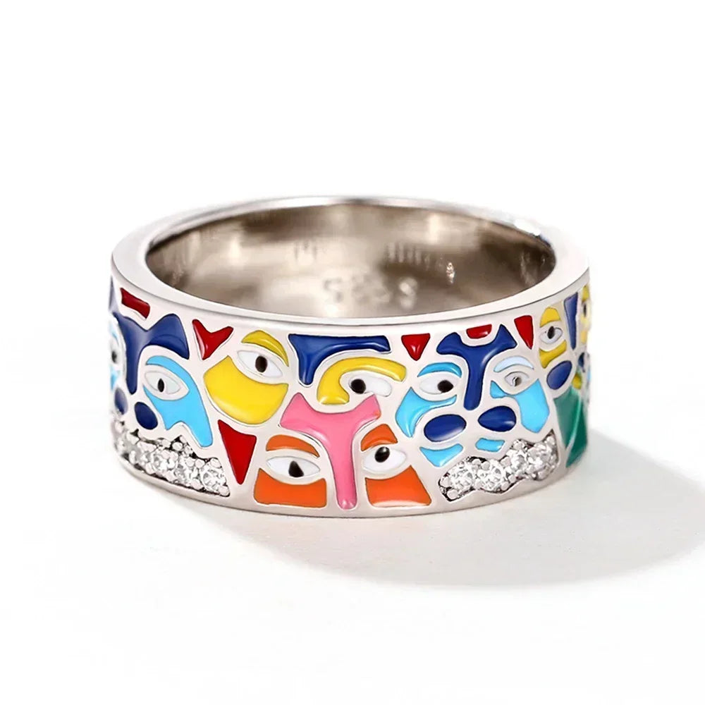 2026 Women's Wedding Party Beautiful Enamel Flower Ring New Silver European and American Style Luxury Zircon Jewelry Gift