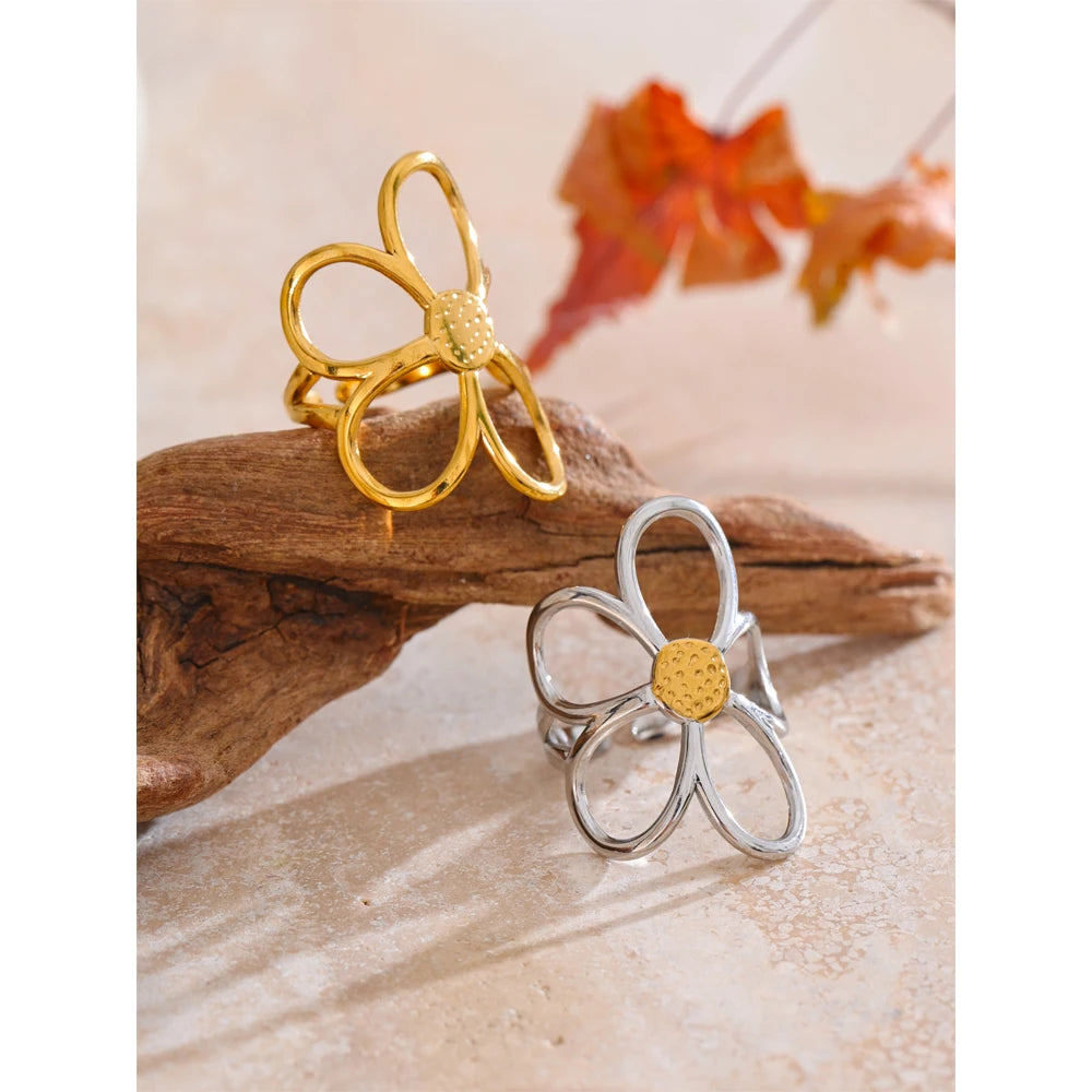 Yhpup Trendy Stainless Steel Metal Flower Adjustable Fashion Finger Ring Rust Proof Attractive Daily Jewelry Accessories Gift