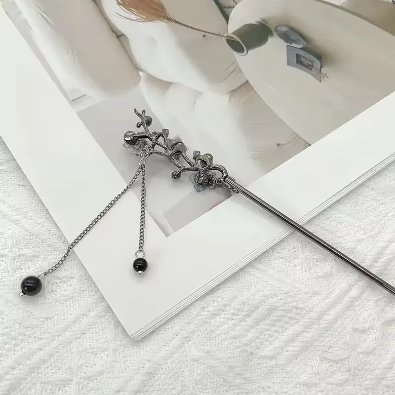 Ink Flower Tassel Hair Stick For Women Chinese Hanfu Hair Accessories Classic Cheongsam Decor Hairpin Retro Metal Hair Jewelry