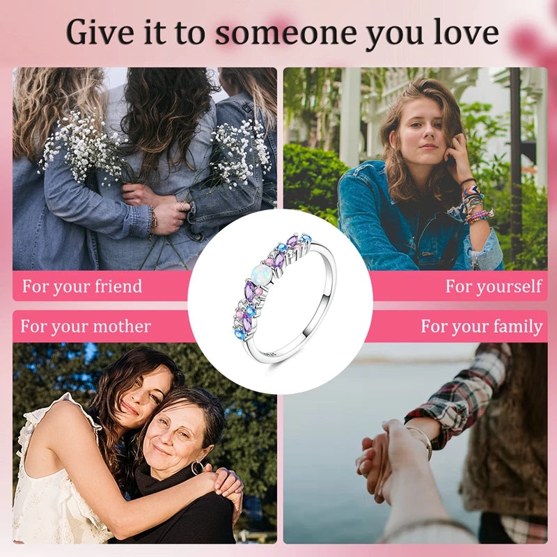 Original 925 Sterling Silver Sparkling Ice-Blue Purple Opal Ring For Women Girls Jewelry Birthday Anniversary Gifts