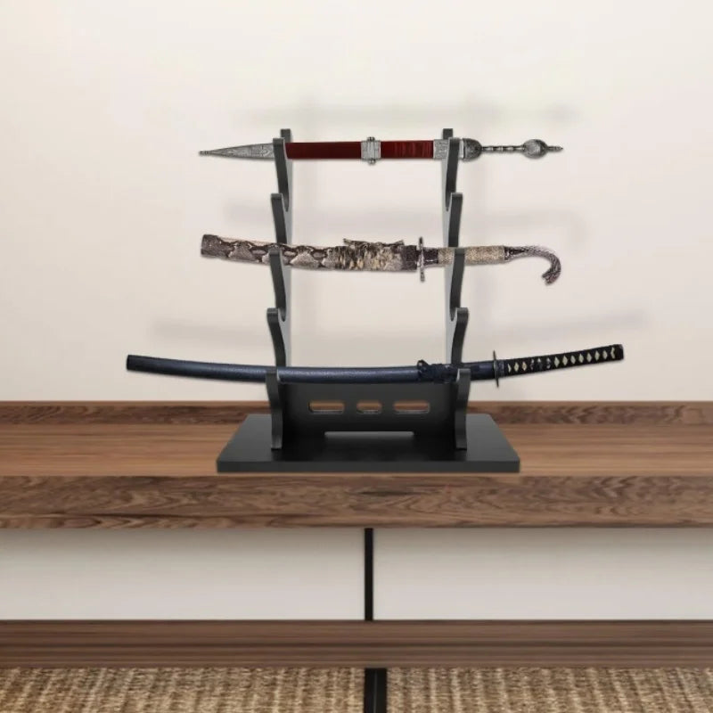 Mini Sword Stand Display 4 Tier,Black Katana Stand Table Desktop,Wood Multilayer Storage Sword Rack for Katana Tanto Rapier