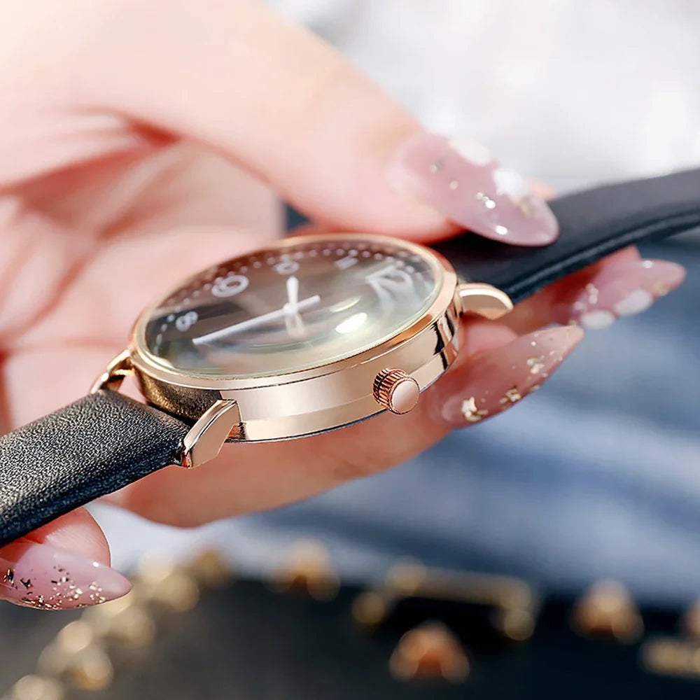 New Simple Vintage Digital Face Leather Belt Woman Watch Round Leisure Student Quartz Watchs Wear Matching Women's Wristwatch