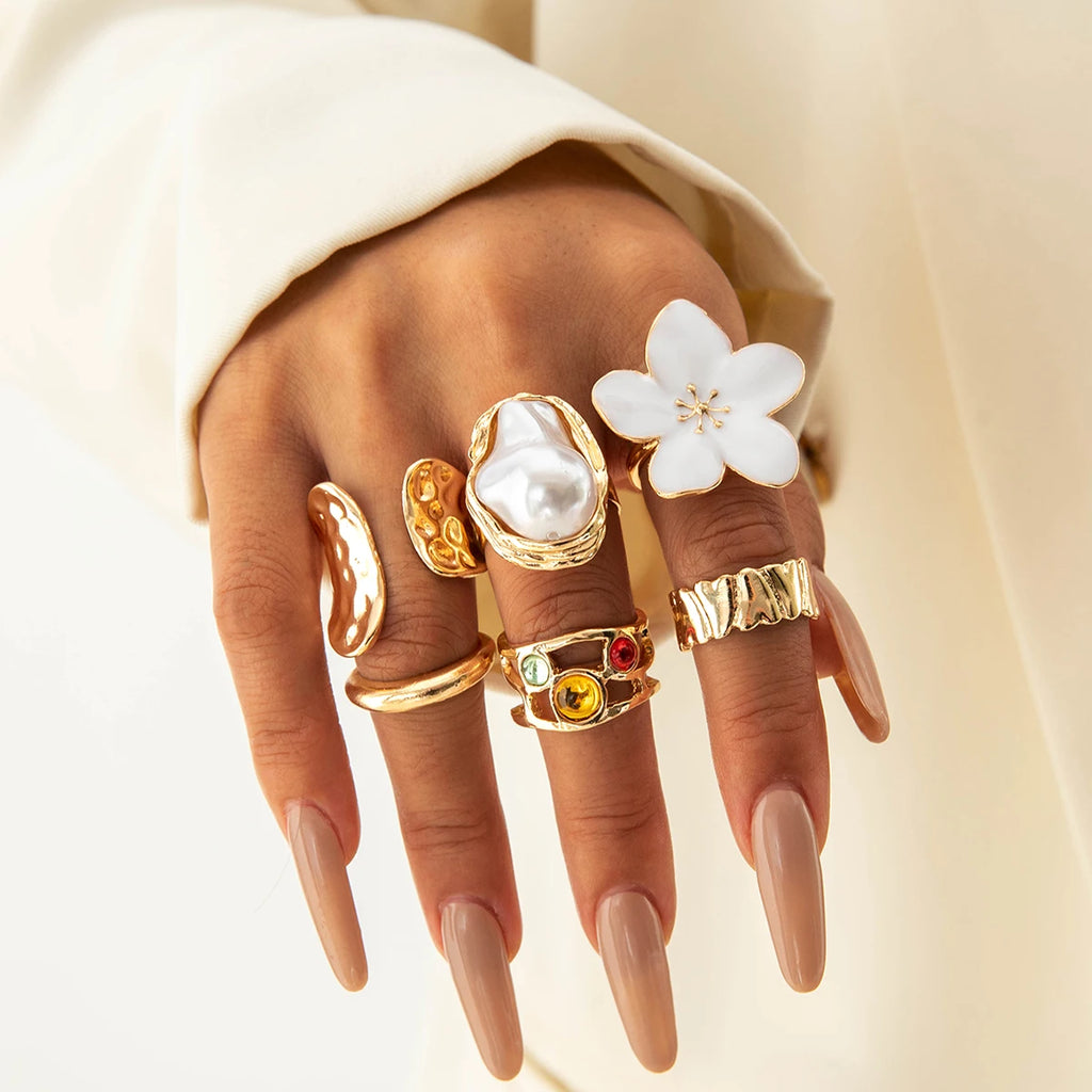Gold Pearl Statement Ring Set