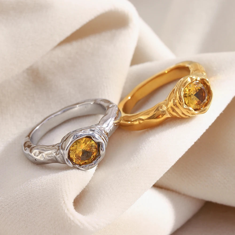 E.B.belle Fashion Women's Shiny Single Champagne Color Zircon Thin Rings Gold Plated Stainless Steel  Jewelry Accessories