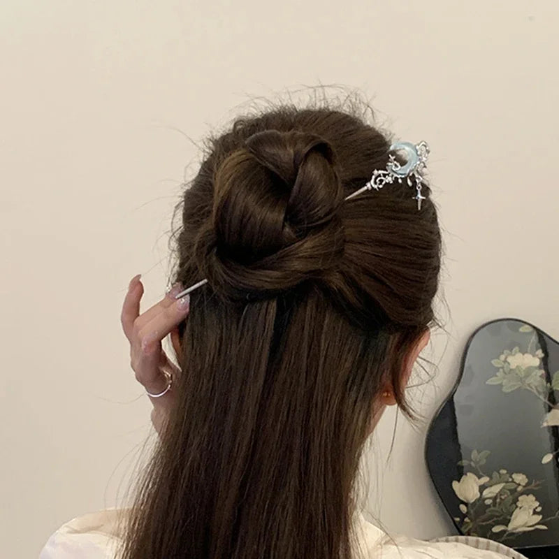 Romantic Moonstone Star Moon Hair Stick Metal Branch Hairpin Fork Chinese Style Hair Accessories for Girls Jewelry
