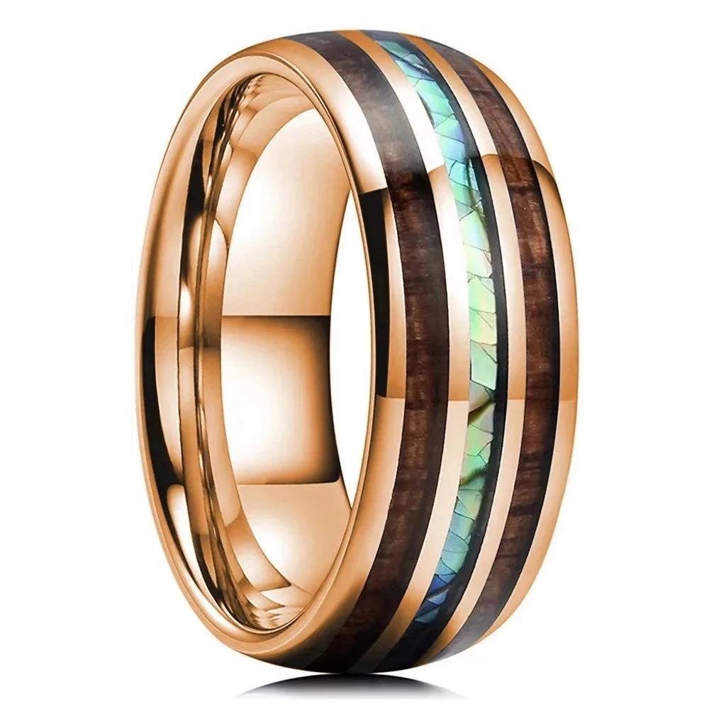 Fashion 8mm Silver Color Stainless Steel Arrow Rings for Men Women Inlaid Hawaiian Koa Wood Rings Men Wedding Band Jewelry Gifts