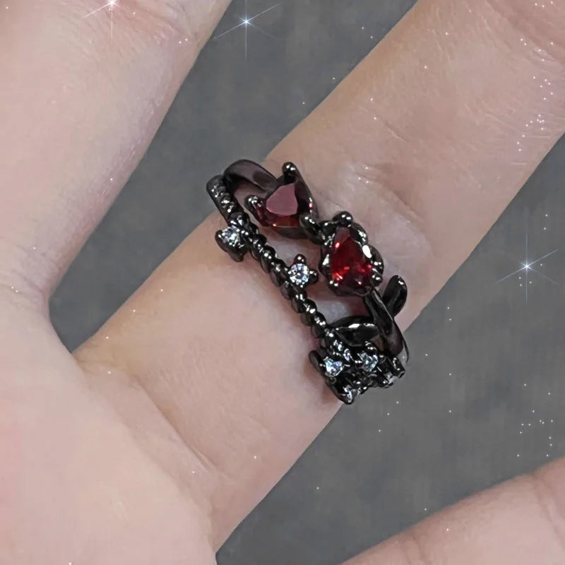 Irregular Red Crystal Glass Butterfly Aesthetic Rings for Women Y2K Gothic Spider Cross Ring Creative Grunge Jewelry Accessories